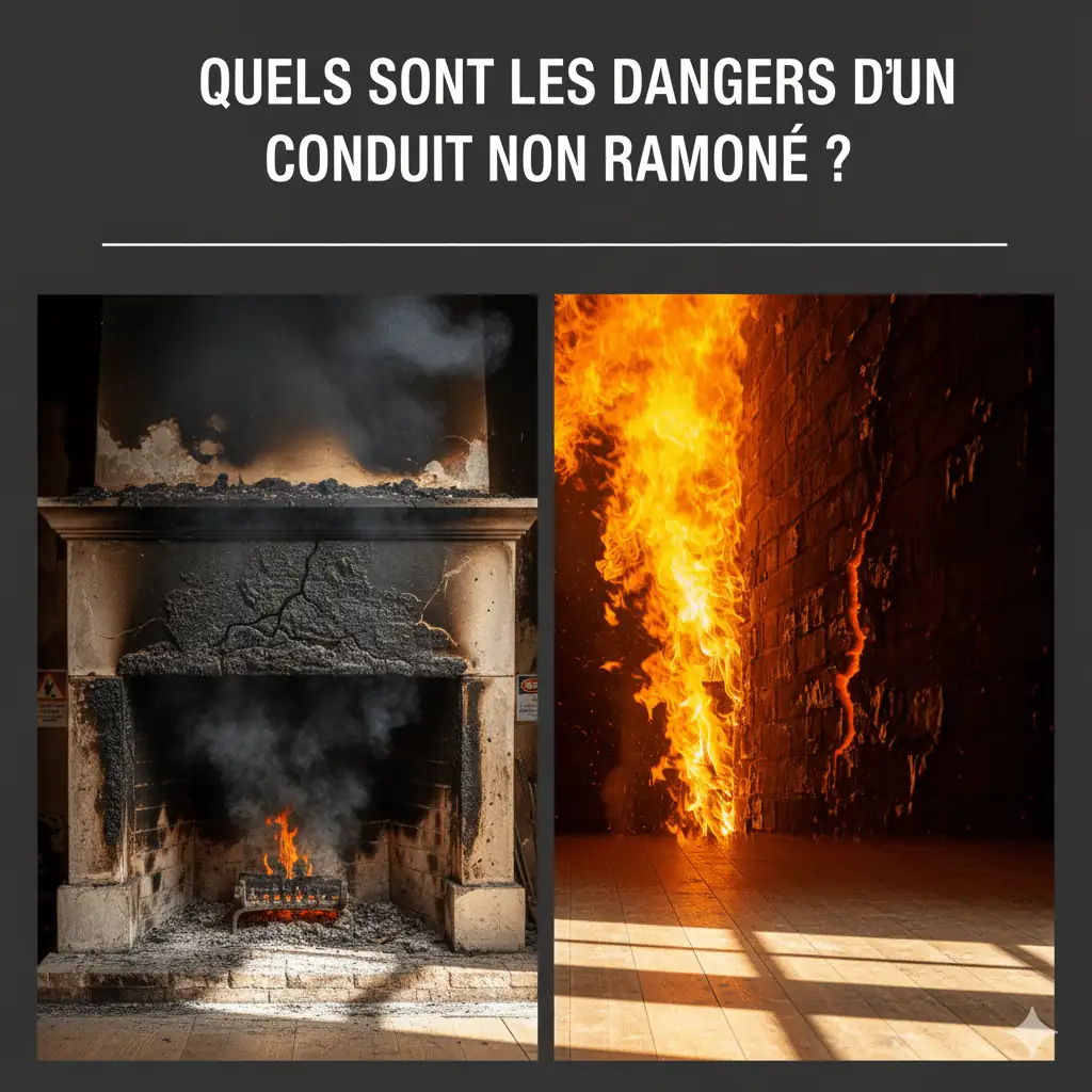 "Illustration des dangers d’un conduit de cheminée non ramonné : à gauche, une cheminée endommagée par la suie et le bistre, à droite, un feu de conduit propagé le long d’un mur.