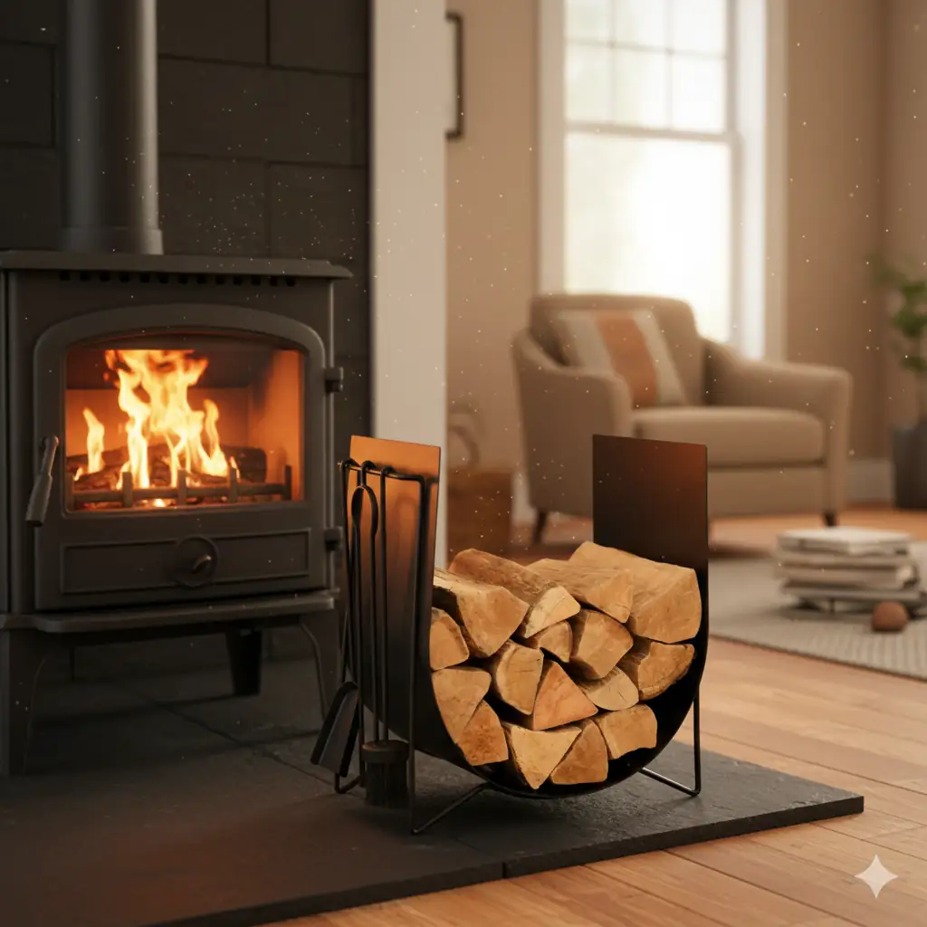 Poêle à bois en fonctionnement avec un serviteur et range-bûches 2 en 1, combinant accessoires et stockage de bûches dans un salon chaleureux.
