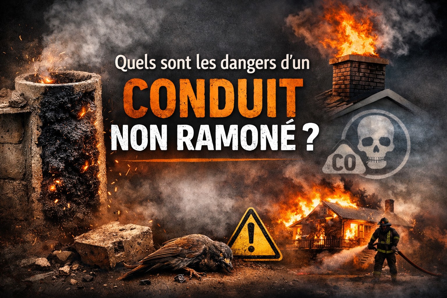 Conduit de cheminée encrassé avec dépôts de suie présentant un risque d’incendie et d’intoxication au monoxyde de carbone.