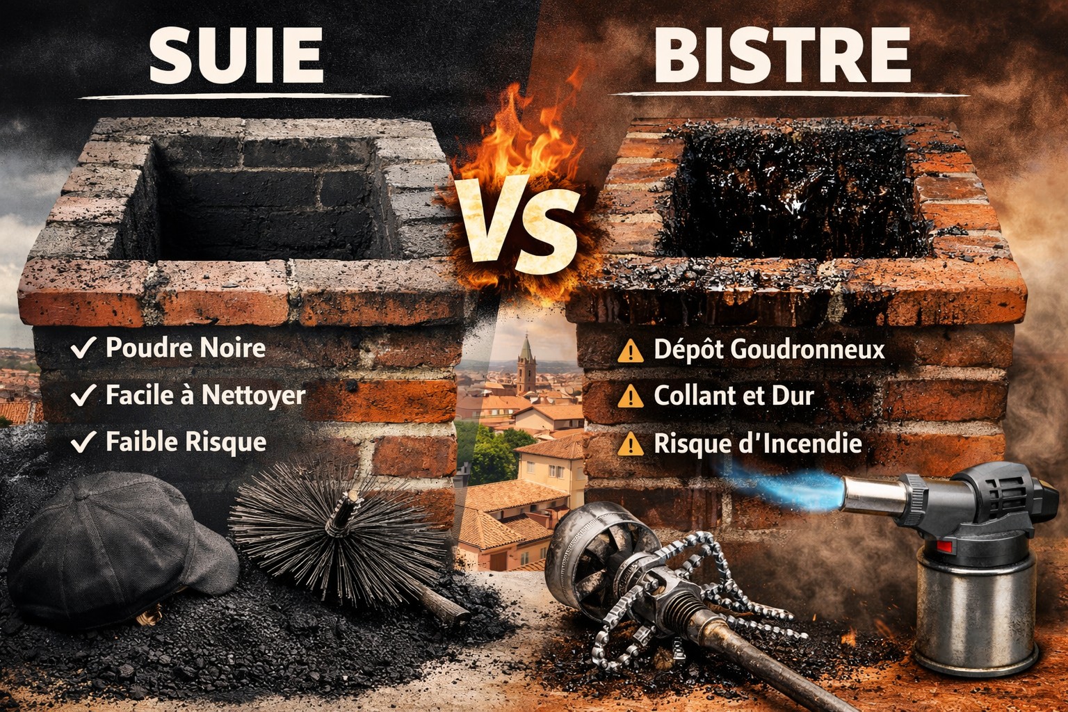 Comparatif d’une cheminée avec dépôt de suie noire légère à gauche et bistre collant à droite, illustrant les différences pour l’entretien et la sécurité, avec outils de ramonage visibles et ramoneur en arrière-plan