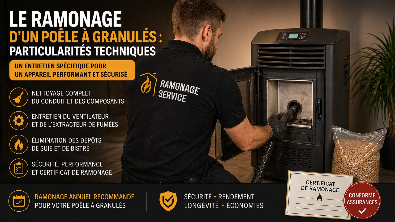Technicien en train d’effectuer le ramonage et l’entretien d’un poêle à granulés, avec les étapes techniques et les avantages d’un entretien régulier.