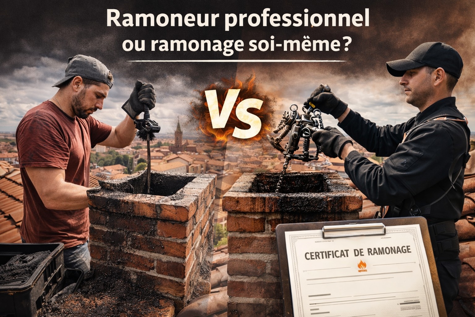 Comparaison entre un ramonage fait soi-même et l’intervention d’un ramoneur professionnel avec certificat de ramonage sur un toit à Toulouse