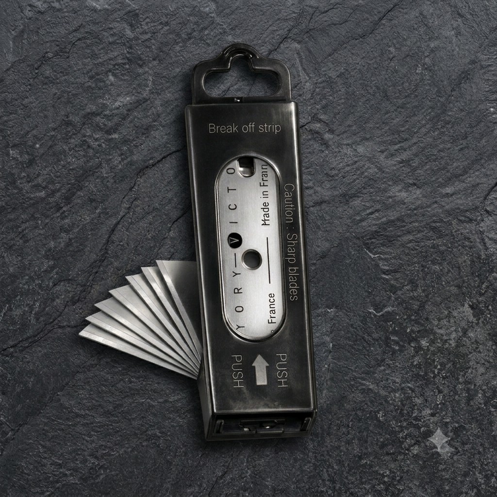 Étui de 10 lames en acier carbone double tranchant pour le nettoyage des vitres d'insert, de poêle à bois et de cheminée, présenté devant un foyer en fonctionnement.
