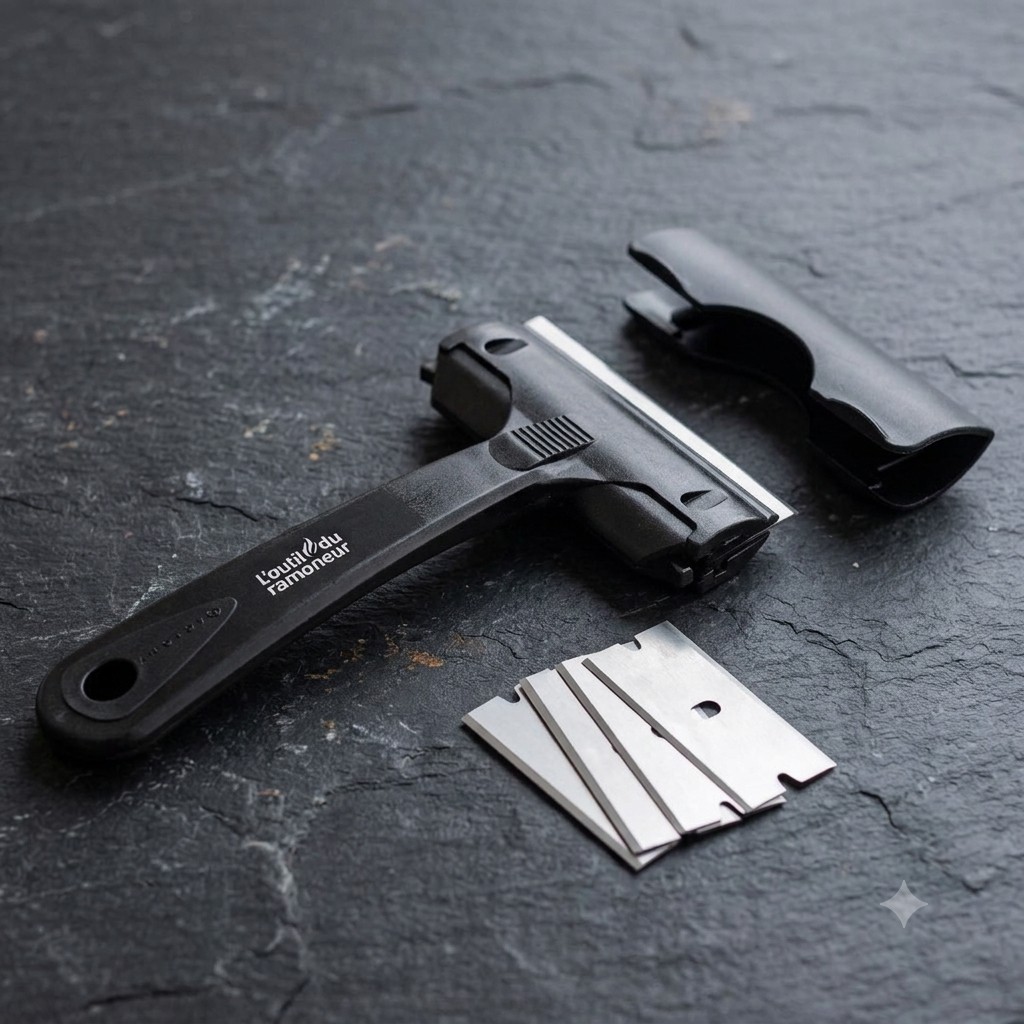 Grattoir à vitre professionnel « L'outil du ramoneur » et son capot de protection noir, posés au premier plan sur le rebord en pierre grise d'une cheminée contemporaine avec un feu allumé.