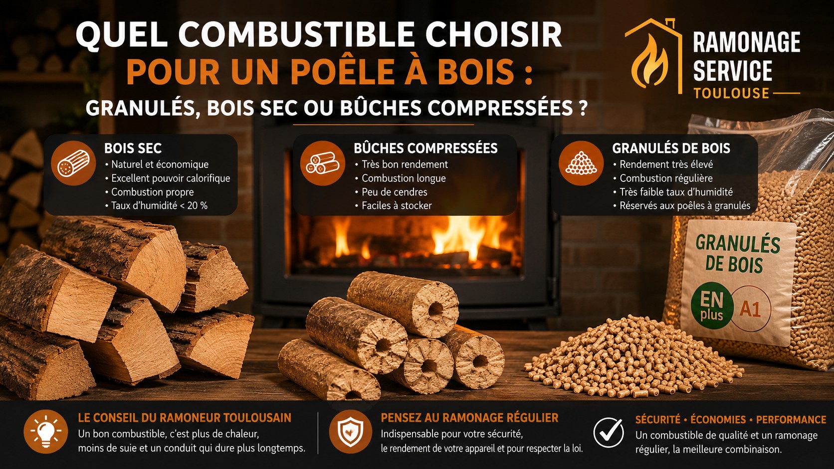 Comparatif des combustibles pour un poêle à bois avec du bois sec, des bûches compressées et des granulés de bois, illustré par le logo Ramonage Service, spécialiste du ramonage à Toulouse.